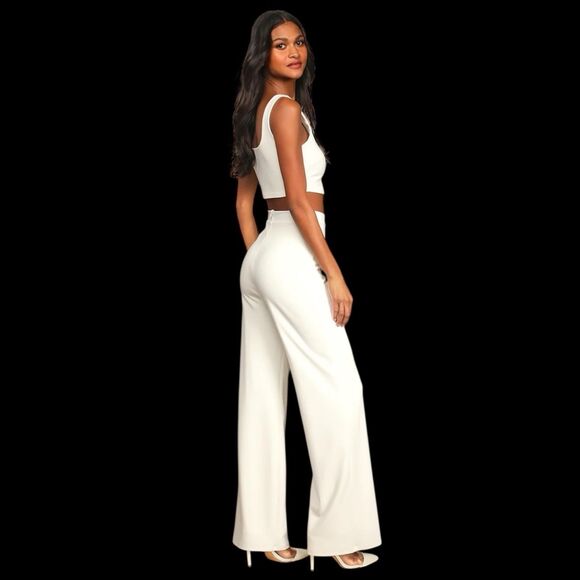 Lulus Only Tonight Jumpsuit Womens Small Ivory Two Piece Wide Leg Cocktail Vacay - Picture 2 of 14